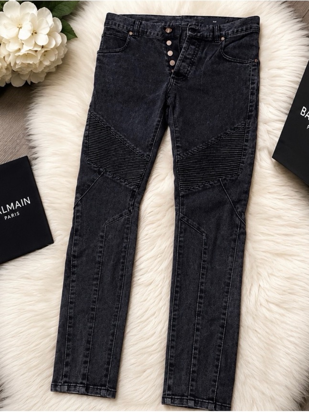 Balmain Men's Slim Black Moto-Style Jeans